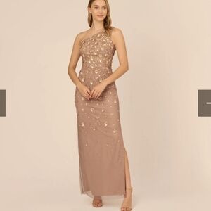 New Adrianna Papell 3D Floral Hand Beaded One Shoulder Column Gown NWT